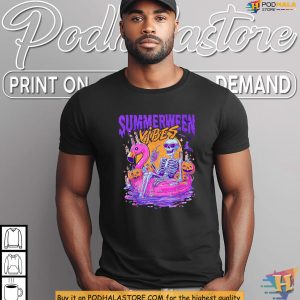 Summerween Shirt Skeleton Flamingo Pool Vibes With Pumpkins And Candles 4