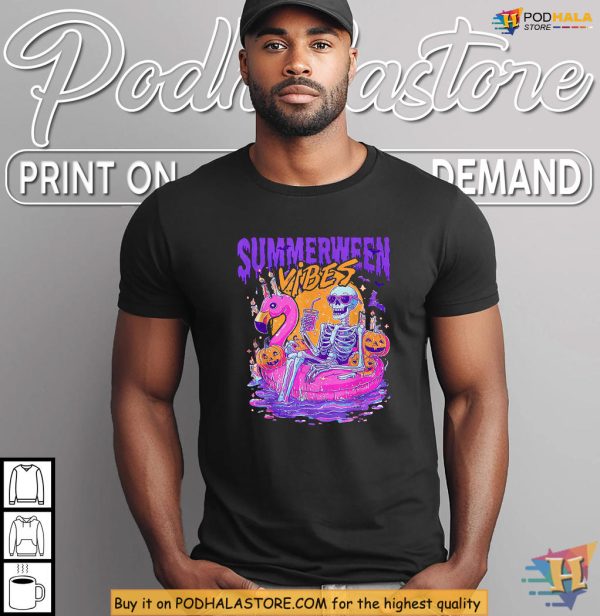 Summerween Shirt Skeleton Flamingo Pool Vibes With Pumpkins And Candles