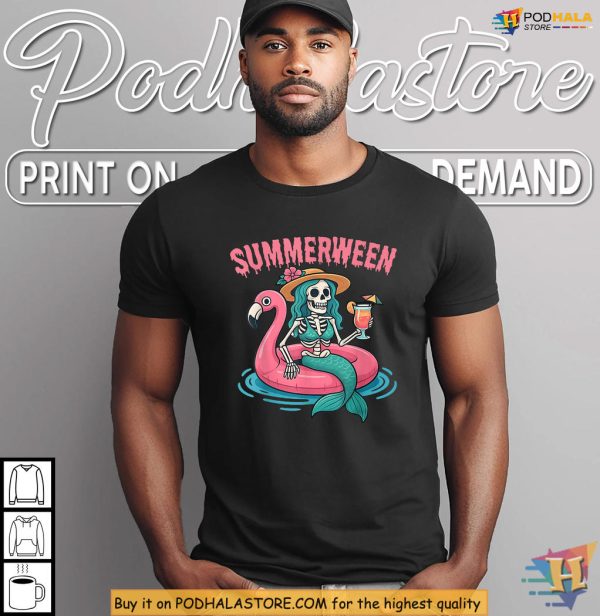 Summerween Shirt With Mermaid Skeleton Flamingo Pool Party Vibes