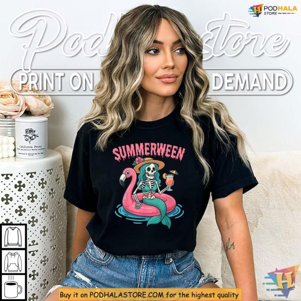 Summerween Shirt With Mermaid Skeleton Flamingo Pool Party Vibes