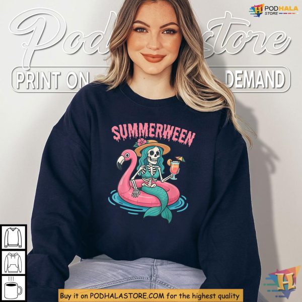 Summerween Shirt With Mermaid Skeleton Flamingo Pool Party Vibes