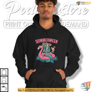 Summerween Shirt With Mermaid Skeleton Flamingo Pool Party Vibes 4