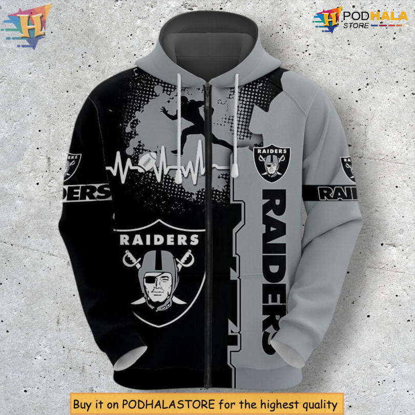 Heartbeat Graphic Concept Las Vegas Raiders Zip Up Hoodie for NFL Fans