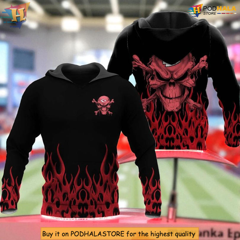 Kansas City Chiefs Mens Hoodie, NFL 3D Skull Flame Design, Fear The Fire Kansas City Chiefs Mens Hoodie, NFL 3D Skull Flame Design, Fear The Fire