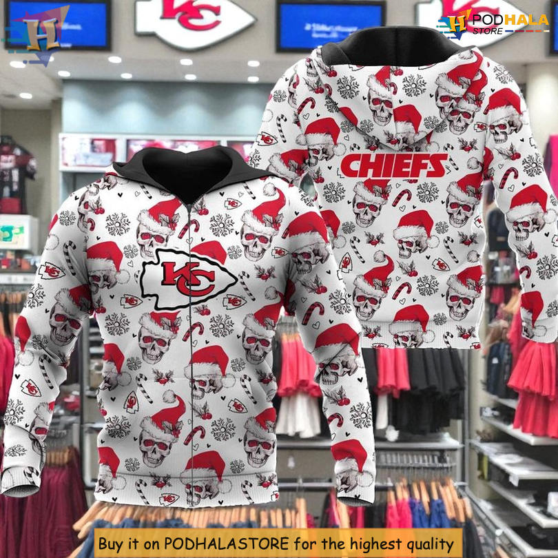Kc Chiefs Hoodie Sweatshirt NFL Christmas Skull Santa, Limited Edition