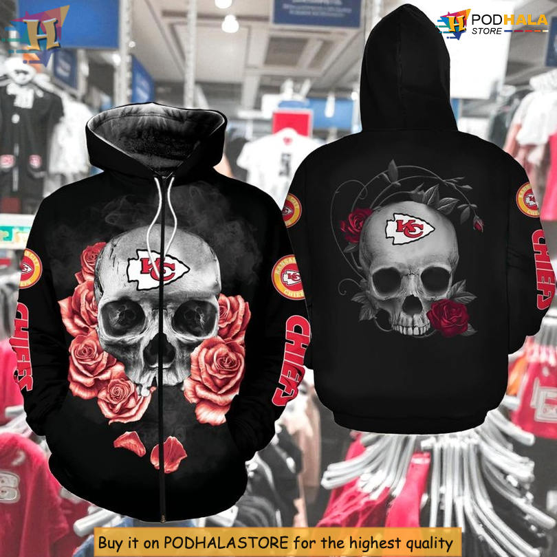 Kc Chiefs Hoodies Skull Rose Design With Dark Smoke Graphic Limited Edition