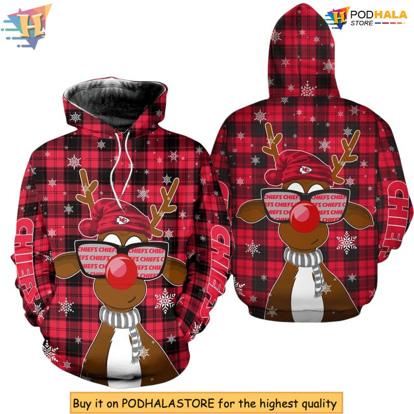 Reindeer Sunglasses Style Kc Chiefs Hoodie Sweatshirt, Christmas Zip Up 3D