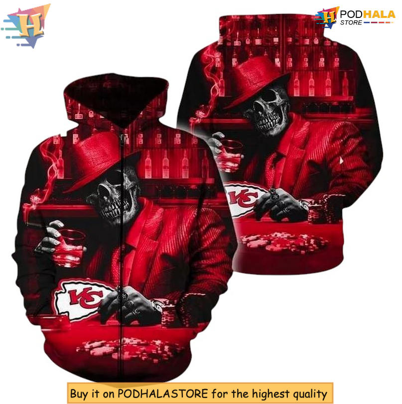 Skull With A Card Kansas City Chiefs Hoodies For Men, Zip Up 3D Edition