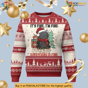 Black Cat Its Fine Everything Is Fine Humor Quote Funny Christmas Sweater