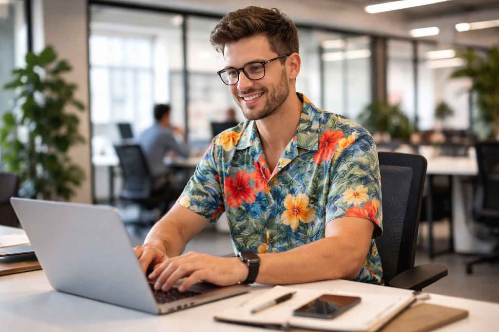 man wearing hawaiian shirt in modern office man wearing hawaiian shirt in modern office