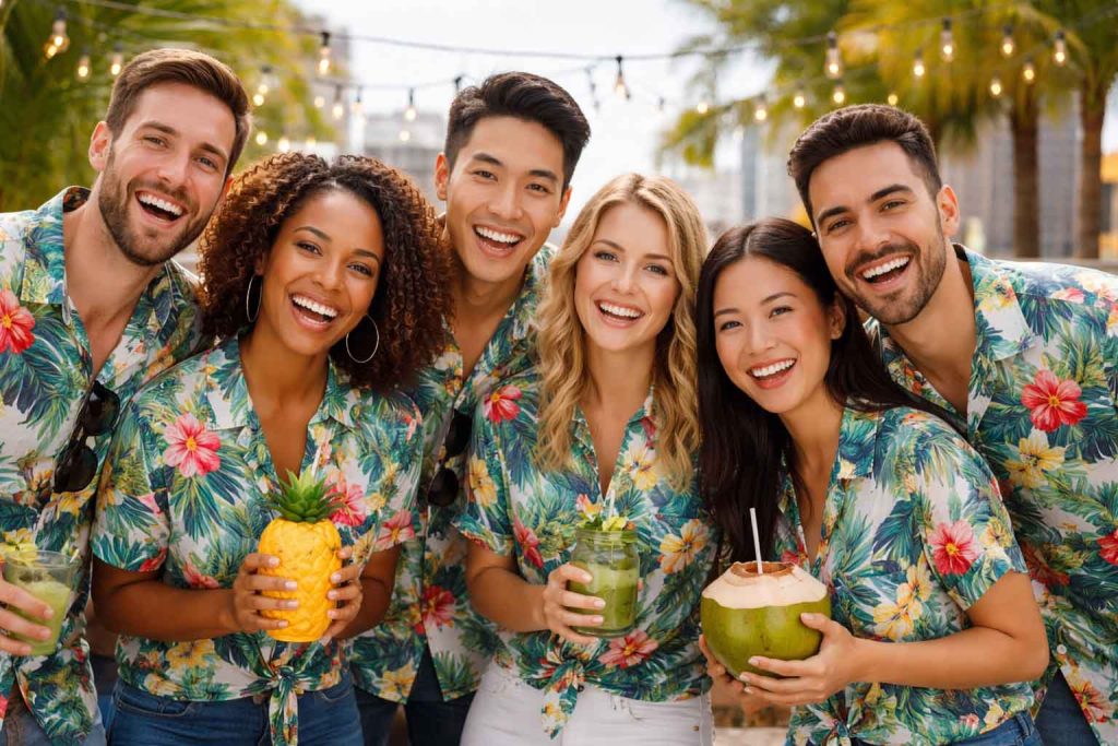 team wearing coordinated tropical shirts team wearing coordinated tropical shirts