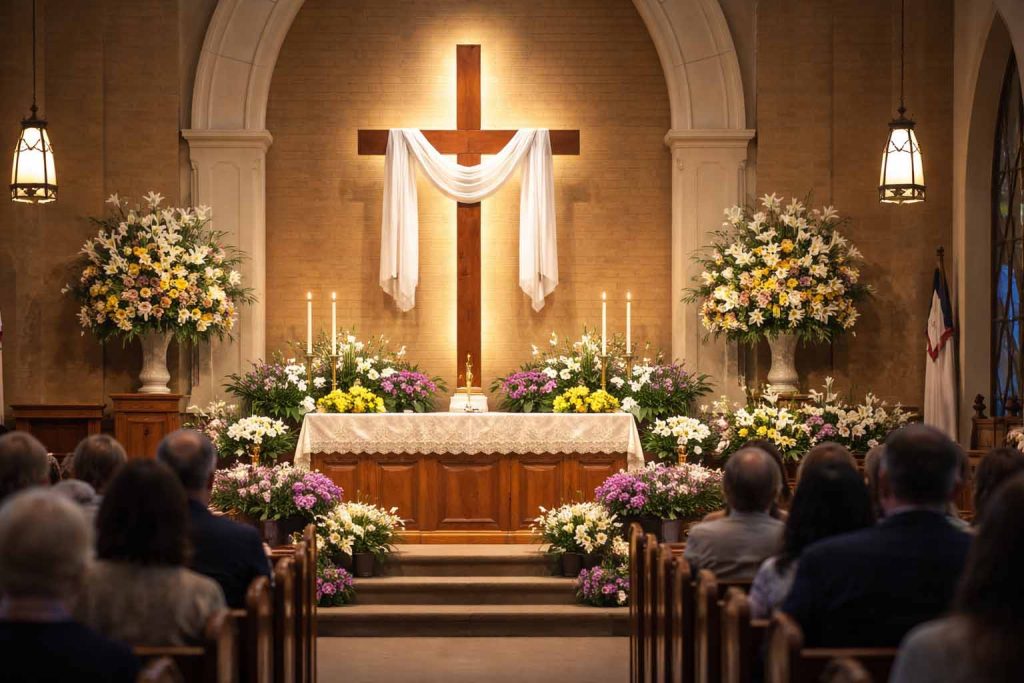 church interior altar cross Easter service church interior altar cross Easter service