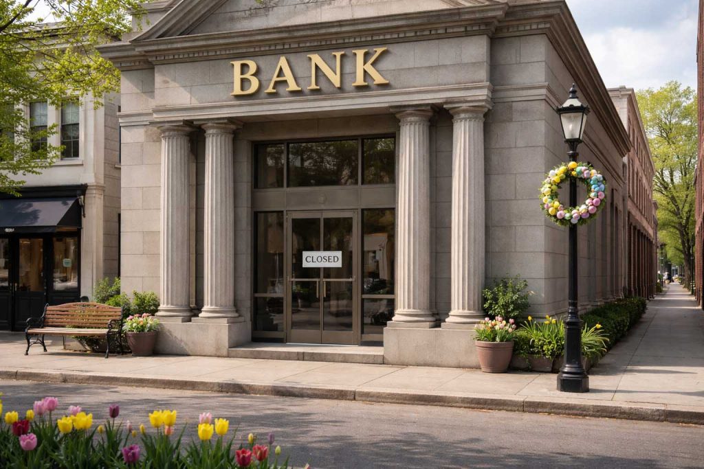 closed bank building easter sunday quiet street