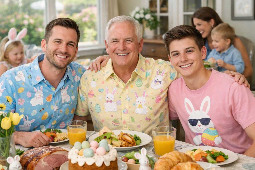 men wearing easter shirts family easter brunch