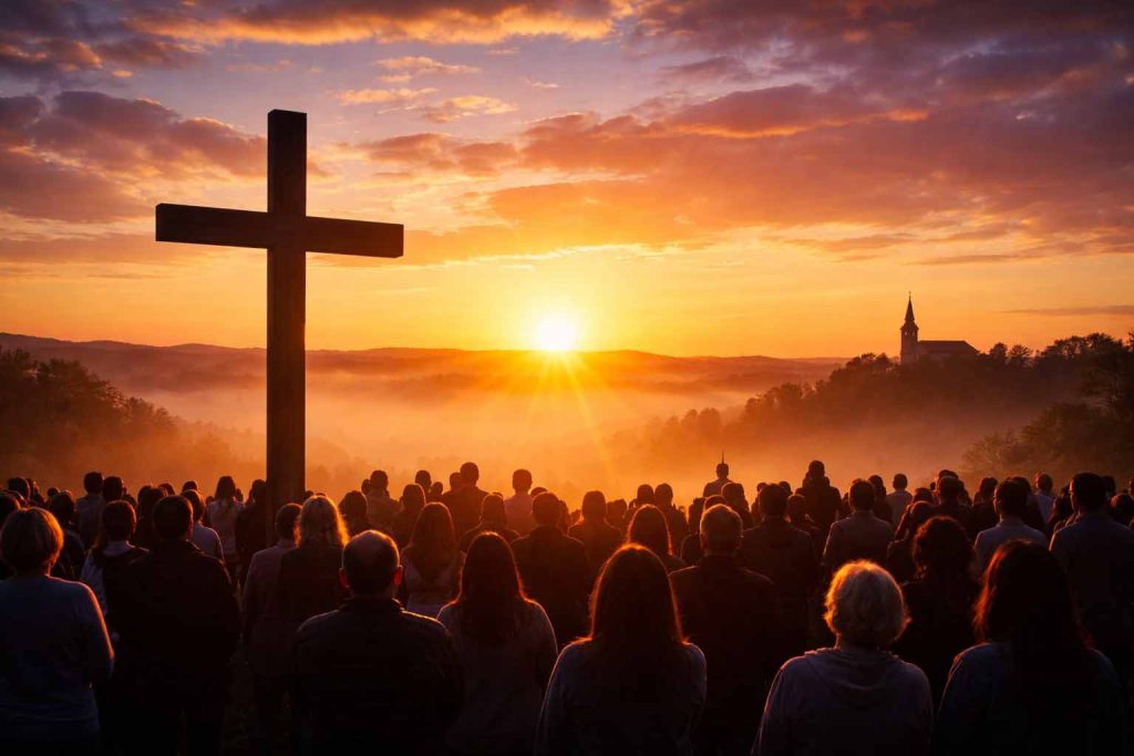 sunrise easter church gathering cross silhouette