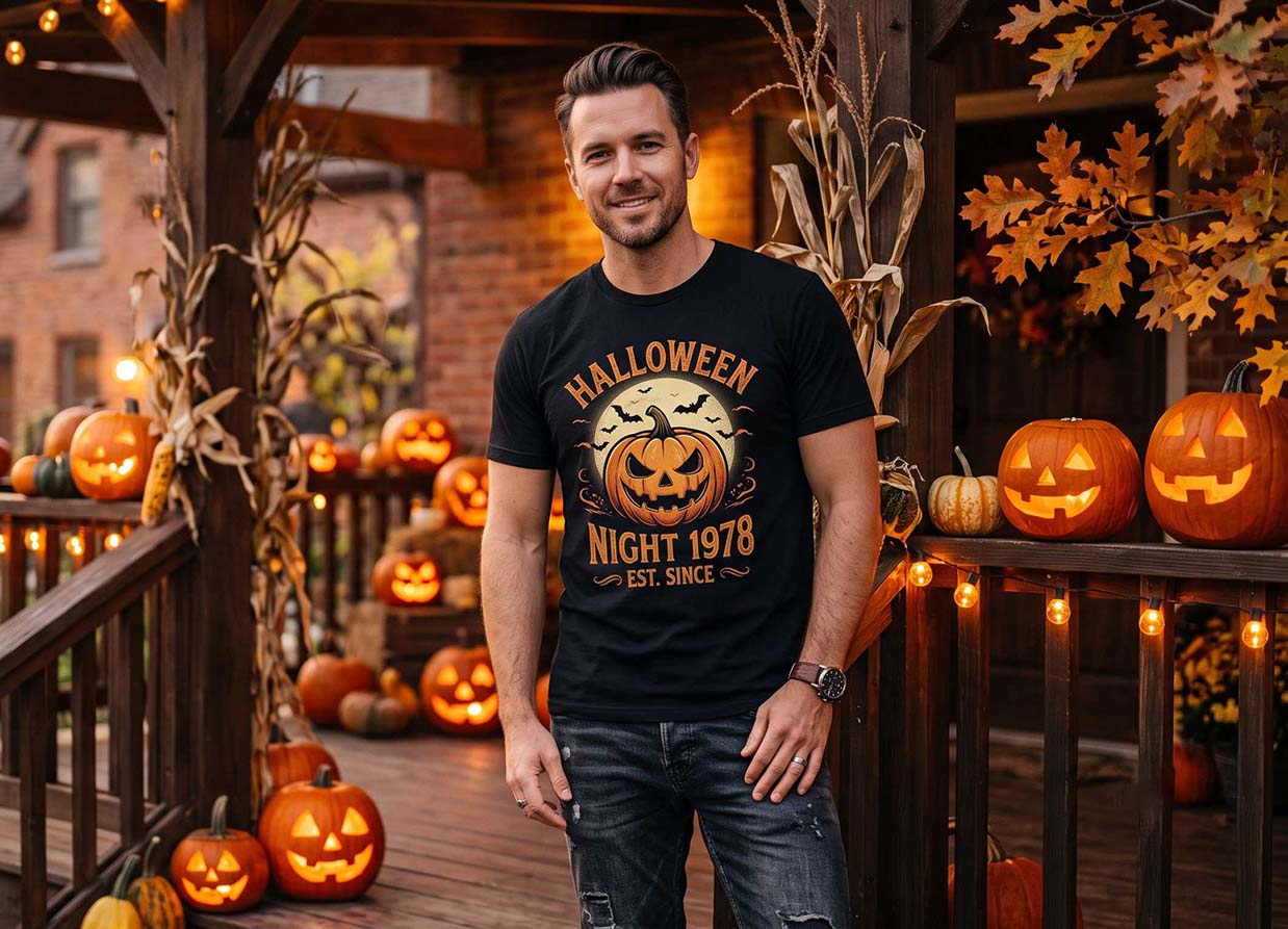 A stylish man wearing a premium vintage inspired mens halloween shirt in an autumn