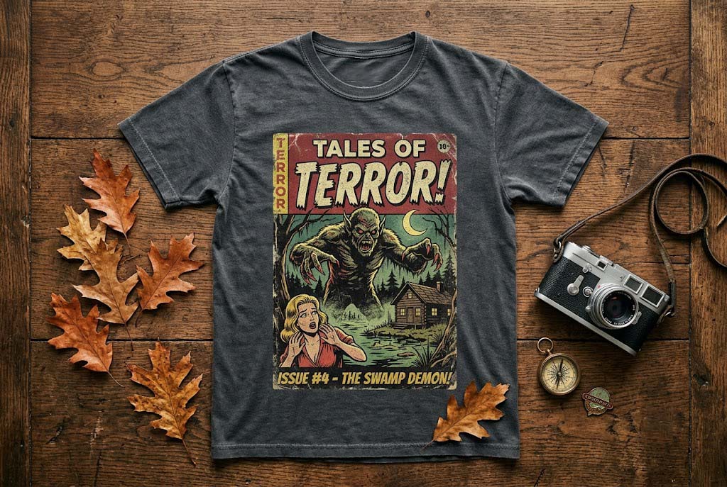 Close up of a vintage horror graphic design on a distressed halloween t shirt for men Close up of a vintage horror graphic design on a distressed halloween t shirt for men