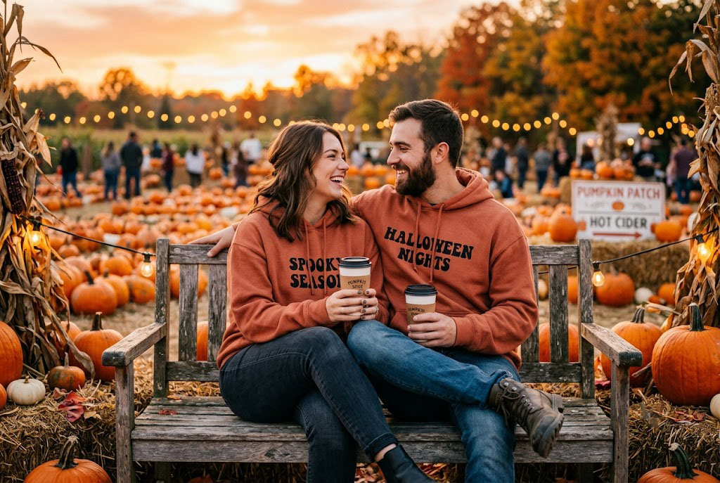 Couple wearing cozy matching halloween hoodies drinking warm coffee at a local pumpkin patch date