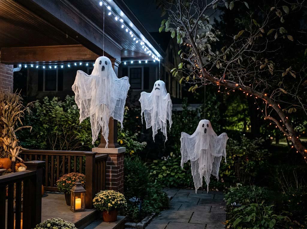 DIY cheesecloth ghost decorations with outdoor LED lighting DIY cheesecloth ghost decorations with outdoor LED lighting