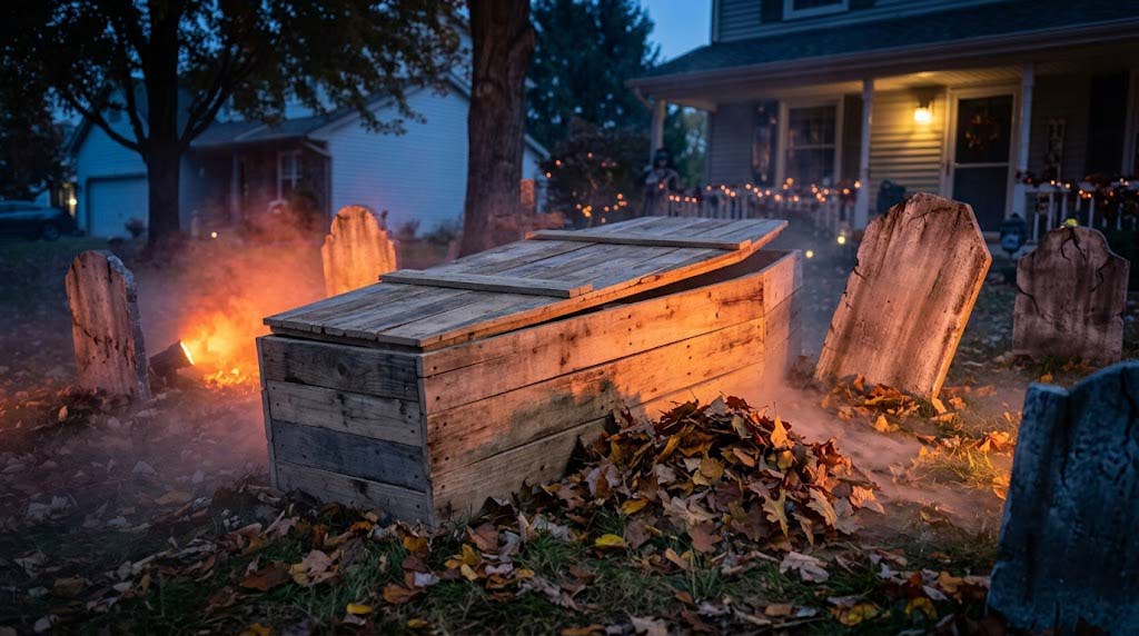 DIY collapsible coffin centerpiece with fog machine and spooky yard lighting DIY collapsible coffin centerpiece with fog machine and spooky yard lighting