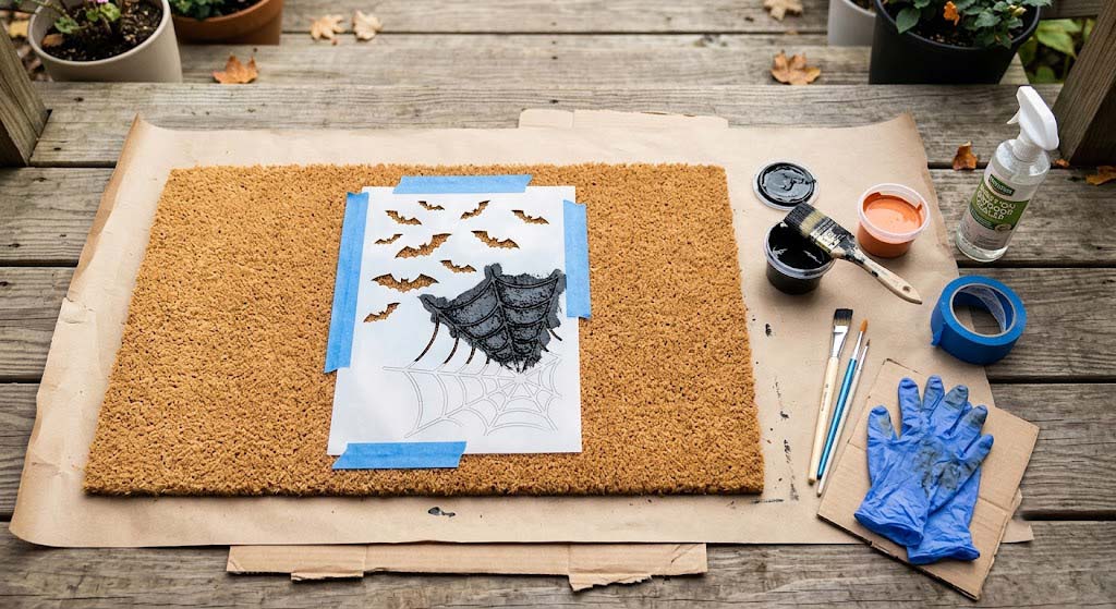 DIY painted coir doormat with Halloween stencil DIY painted coir doormat with Halloween stencil