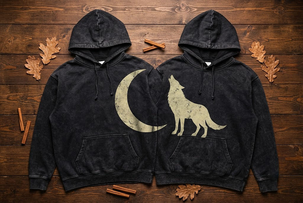 Flat lay of two matching his and hers halloween hoodies with clever interlocking vintage graphics