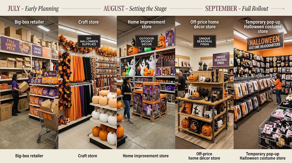 Halloween merchandise release timeline by store type Halloween merchandise release timeline by store type