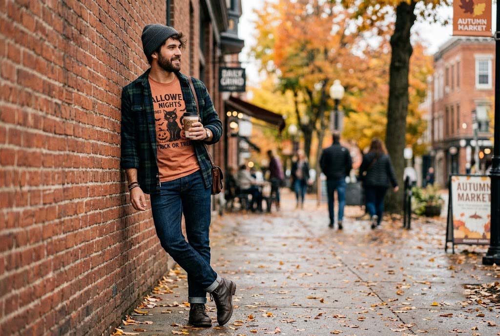 Man styling a subtle mens halloween shirt layered under an unbuttoned flannel jacket with dark denim Man styling a subtle mens halloween shirt layered under an unbuttoned flannel jacket with dark denim