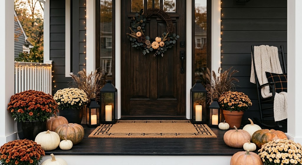 coordinated Halloween front porch decor with pumpkins and lanterns coordinated Halloween front porch decor with pumpkins and lanterns