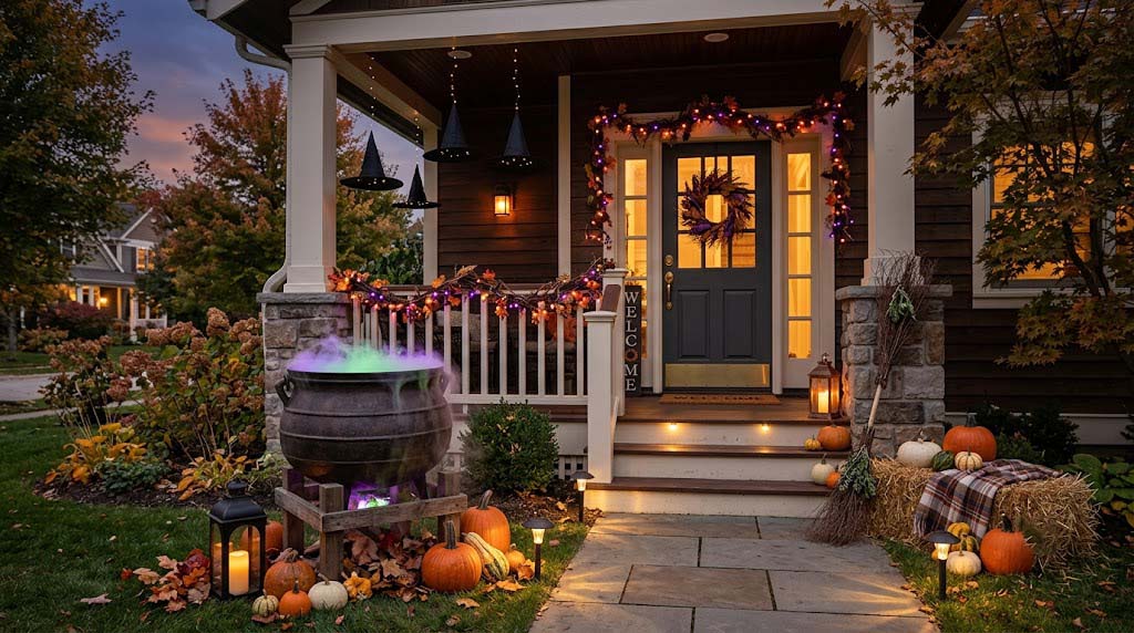 witch themed front porch styling with pumpkins and lanterns witch themed front porch styling with pumpkins and lanterns