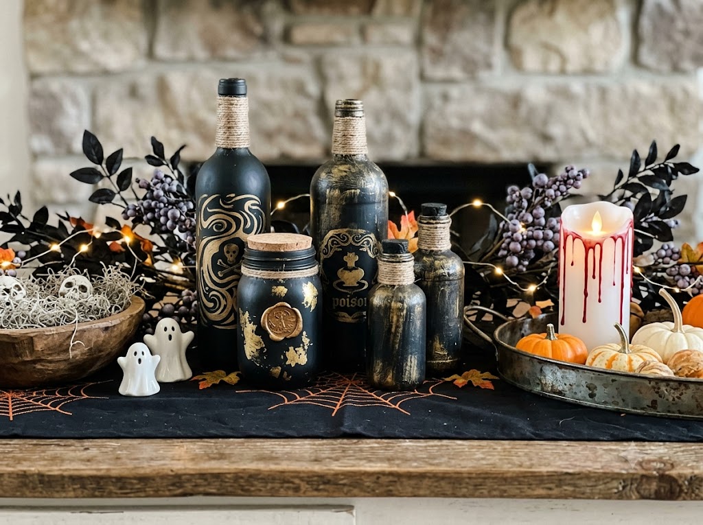 DIY potion bottles and bloody candle Halloween centerpiece DIY potion bottles and bloody candle Halloween centerpiece