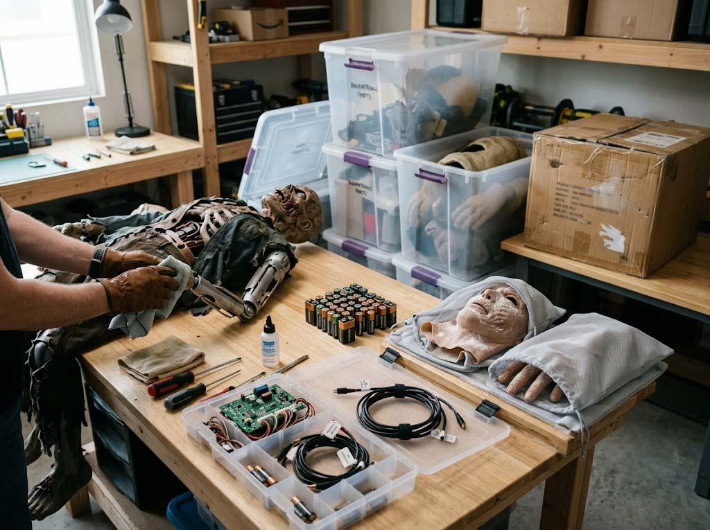 Halloween animatronic maintenance, latex care, and seasonal storage