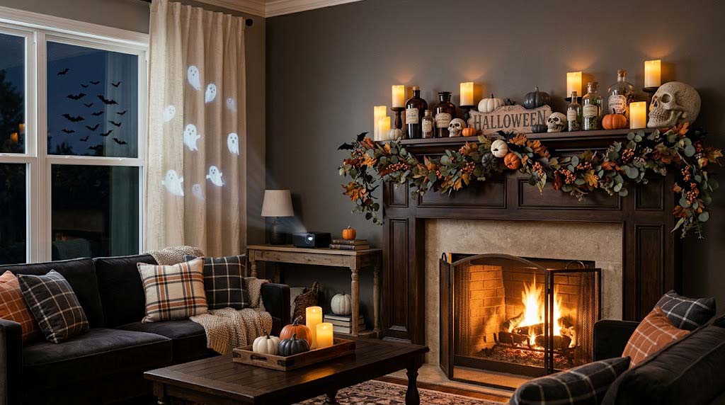 Halloween mantel decor with static cling window silhouettes and LED candles Halloween mantel decor with static cling window silhouettes and LED candles
