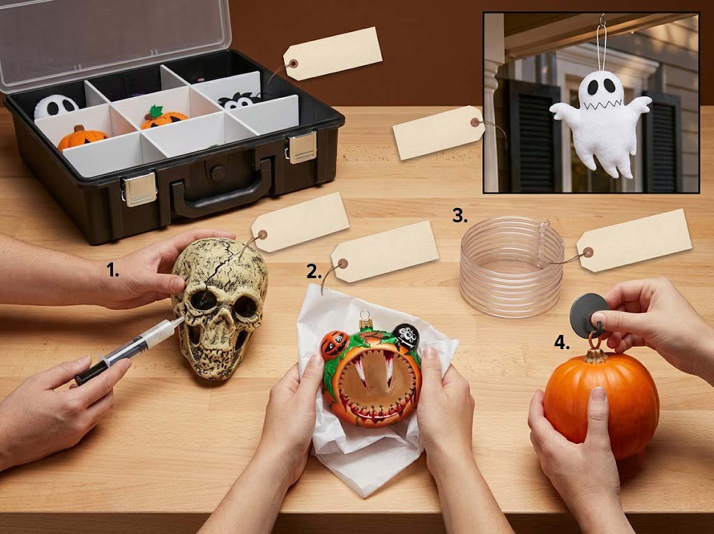 Halloween ornament repair, shatterproof materials, and storage care