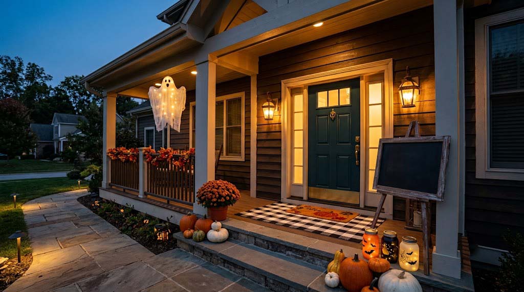 Halloween porch styling with doormat, hanging ghost, and DIY lanterns