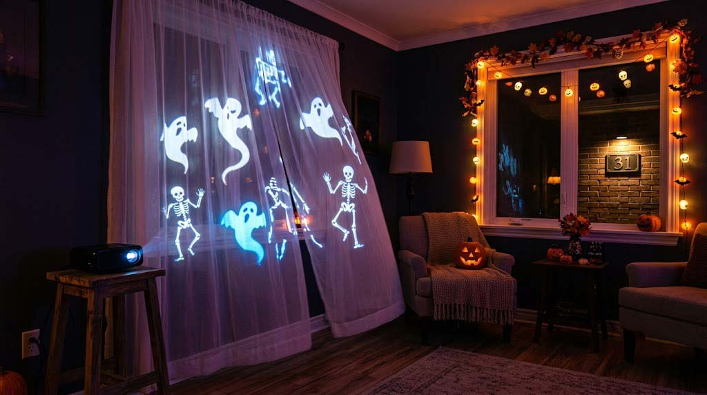 Halloween window projector and battery powered LED lighting display Halloween window projector and battery powered LED lighting display