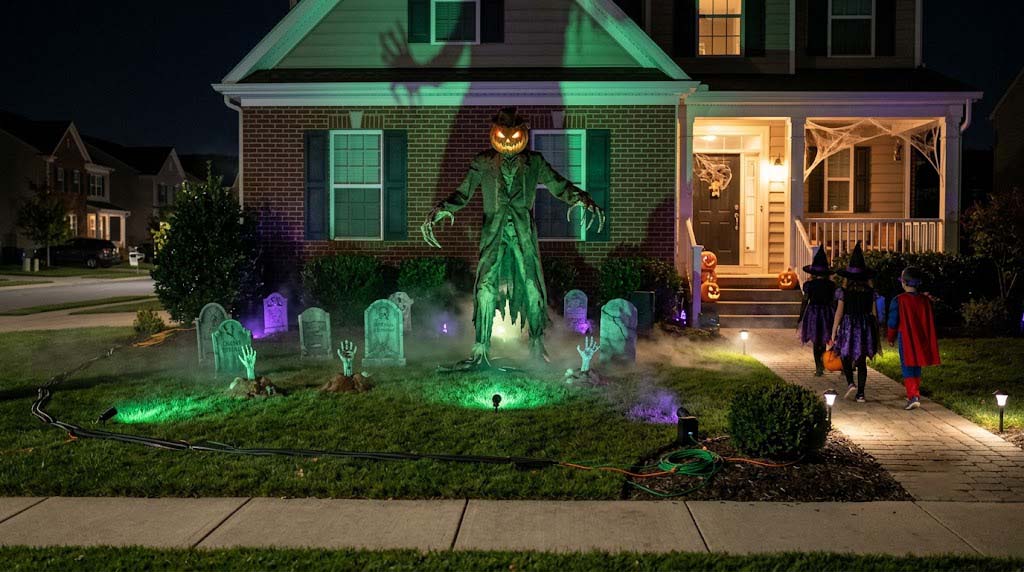 cohesive haunted yard with focal animatronic, fog, and dramatic uplighting cohesive haunted yard with focal animatronic, fog, and dramatic uplighting