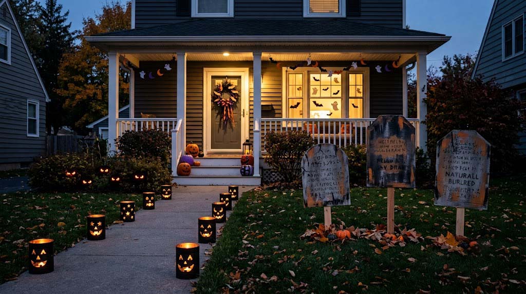 coordinated DIY Halloween display with tombstones, lanterns, and glowing eyes coordinated DIY Halloween display with tombstones, lanterns, and glowing eyes