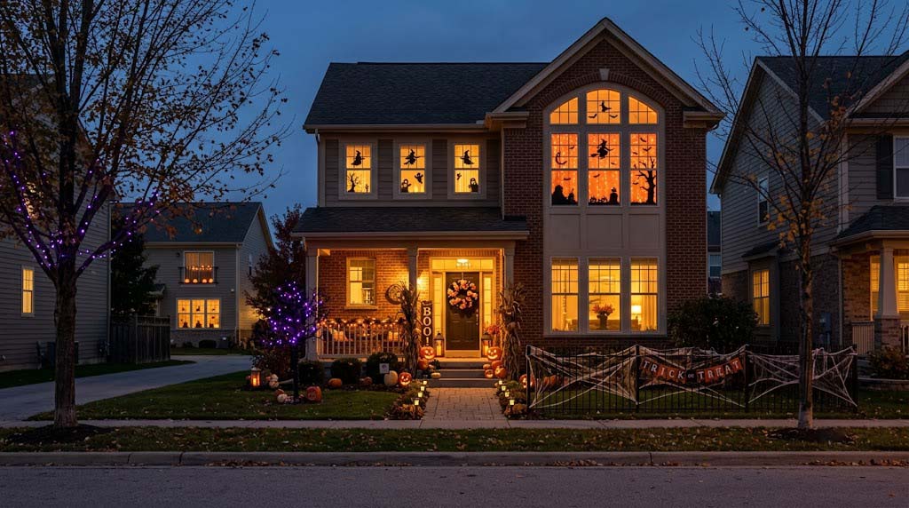 coordinated Halloween window, porch, and yard façade decor coordinated Halloween window, porch, and yard façade decor