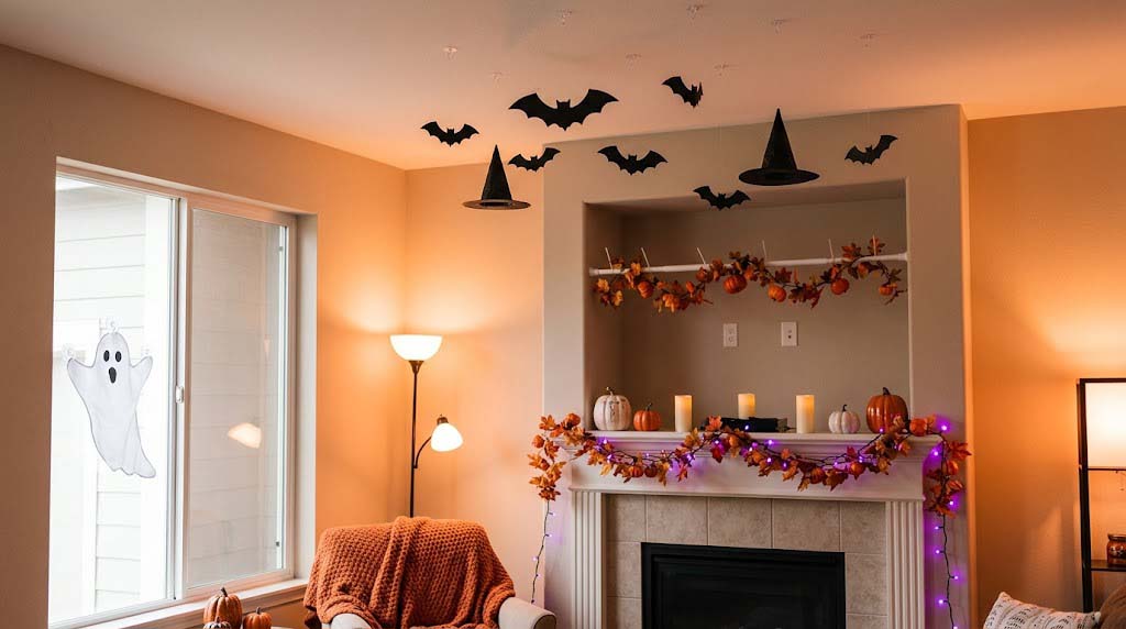 damage free indoor Halloween decor with suction cups, tension rods, and fishing line