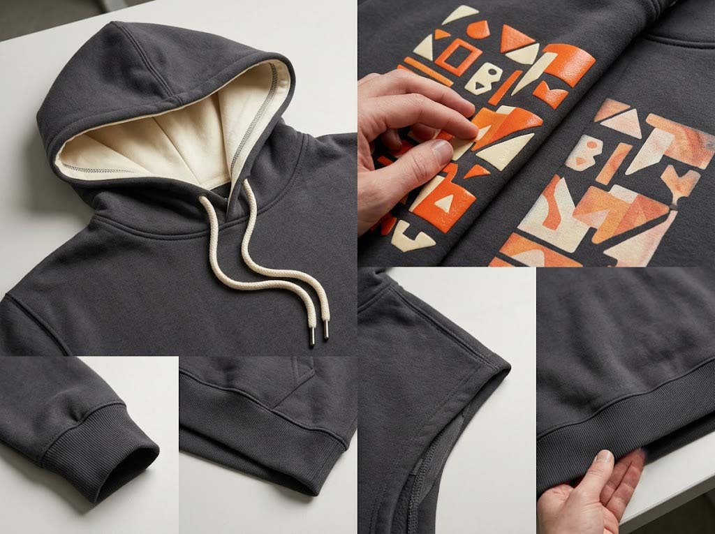 double lined hood, ribbed hem, and print quality on a fleece hoodie
