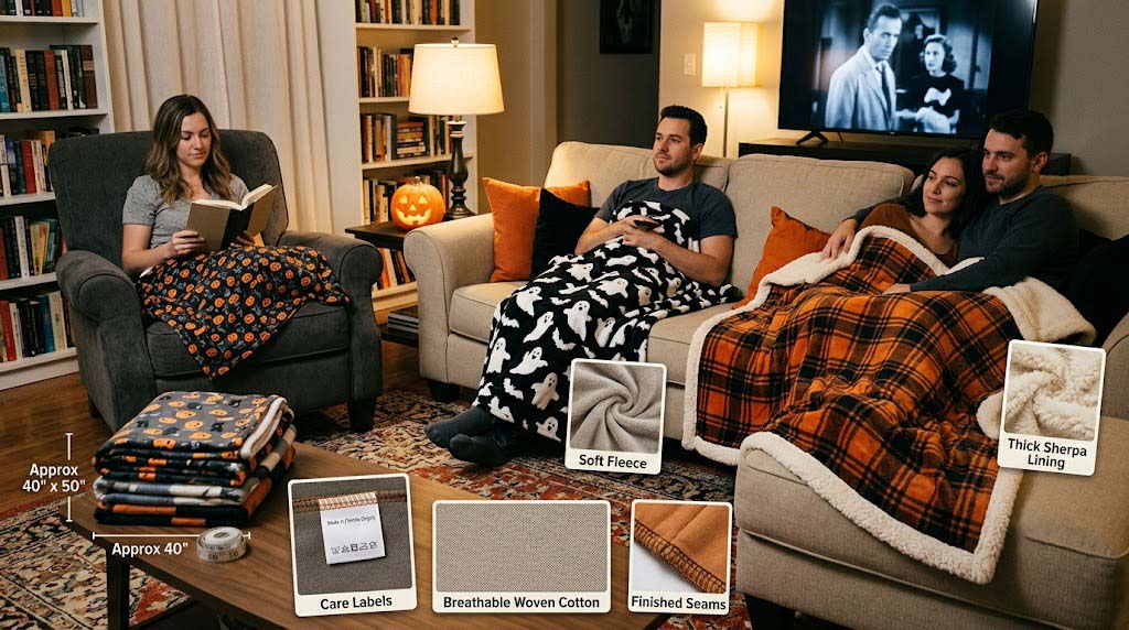 fleece, sherpa, and woven Halloween blanket size comparison