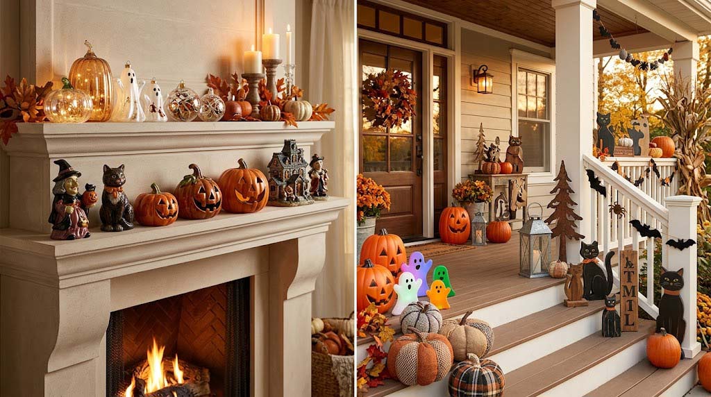 glass, resin, metal, acrylic, and fabric Halloween ornament materials