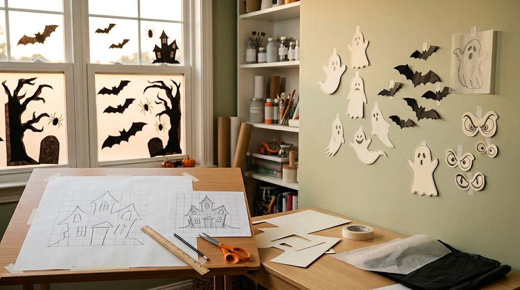 grid method and tissue paper Halloween window silhouettes grid method and tissue paper Halloween window silhouettes
