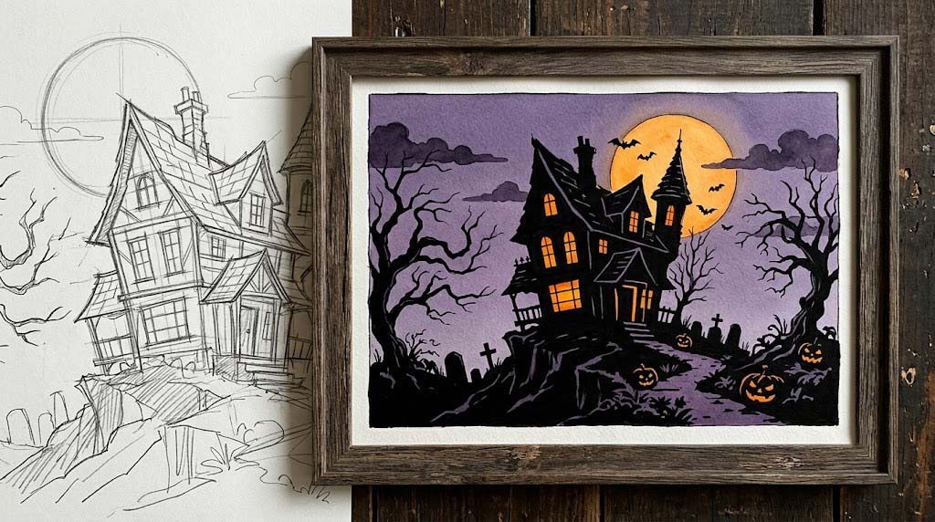 haunted house silhouette drawing with glowing windows and twisted trees haunted house silhouette drawing with glowing windows and twisted trees