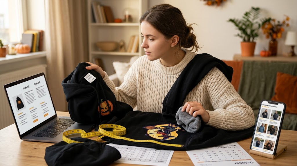 how to compare Halloween hoodie sizing, fabric, reviews, and delivery
