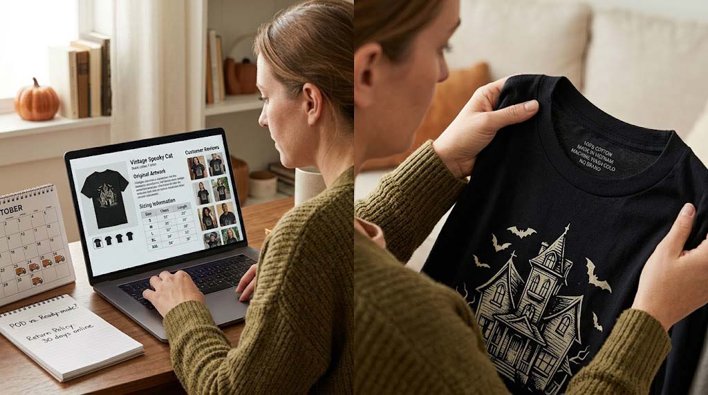 how to compare Halloween shirt fabric, reviews, sizing, and shipping