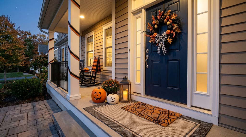 layered Halloween doormat with wreath and pumpkin porch decor layered Halloween doormat with wreath and pumpkin porch decor