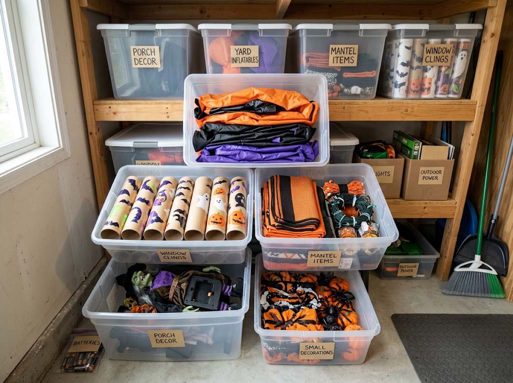 organized storage for Halloween inflatables, decals, and seasonal decor organized storage for Halloween inflatables, decals, and seasonal decor