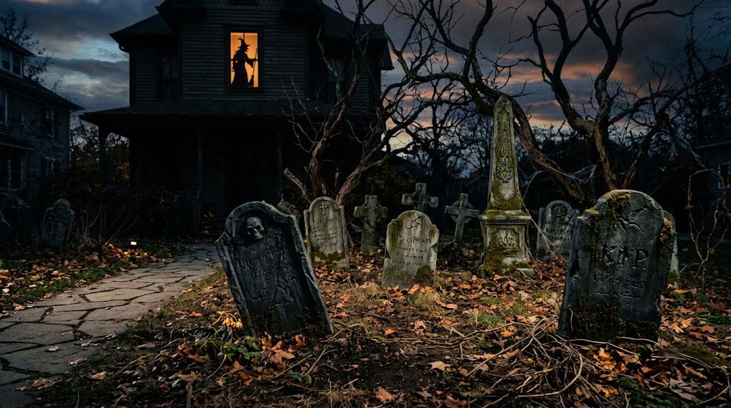 realistic tombstone graveyard and backlit Halloween window silhouette realistic tombstone graveyard and backlit Halloween window silhouette